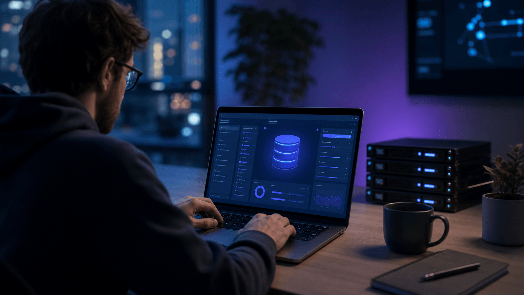 Illustration of a developer launching a free managed PostgreSQL database in seconds