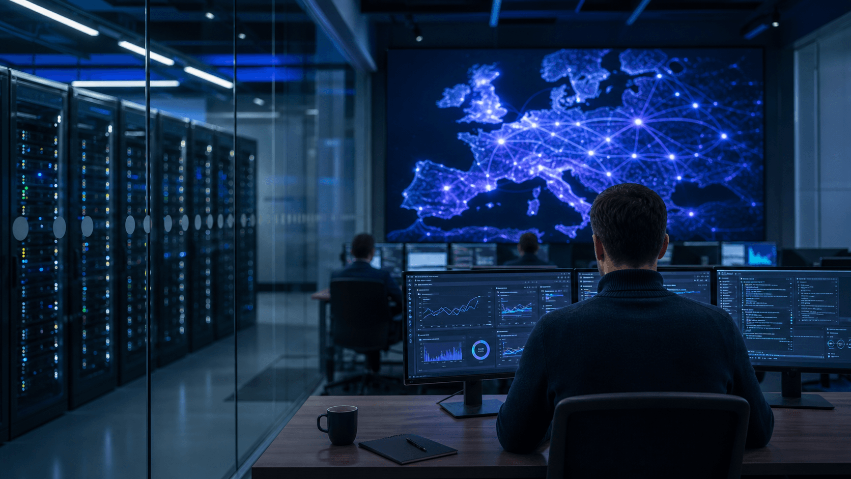 Abstract European infrastructure map with connected database nodes
